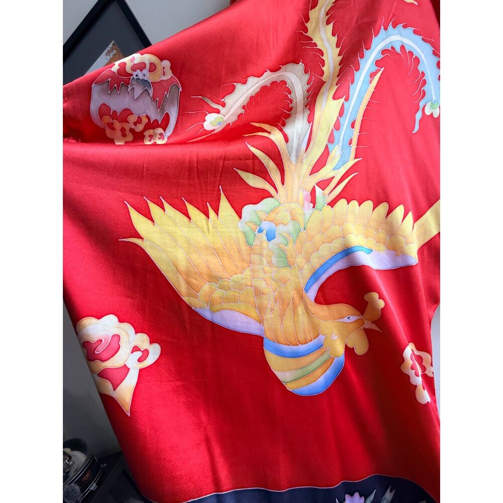 Vibrant red satin robe w/ Phoenix and floral design - OS